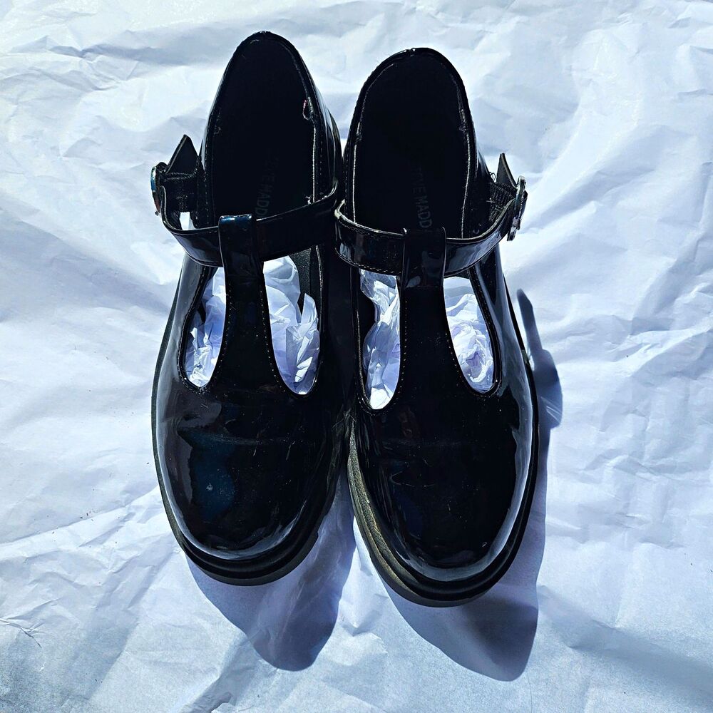 Steve Madden JSloan Chunky Patent T-Strap Mary Janes Black Grunge Youth 3